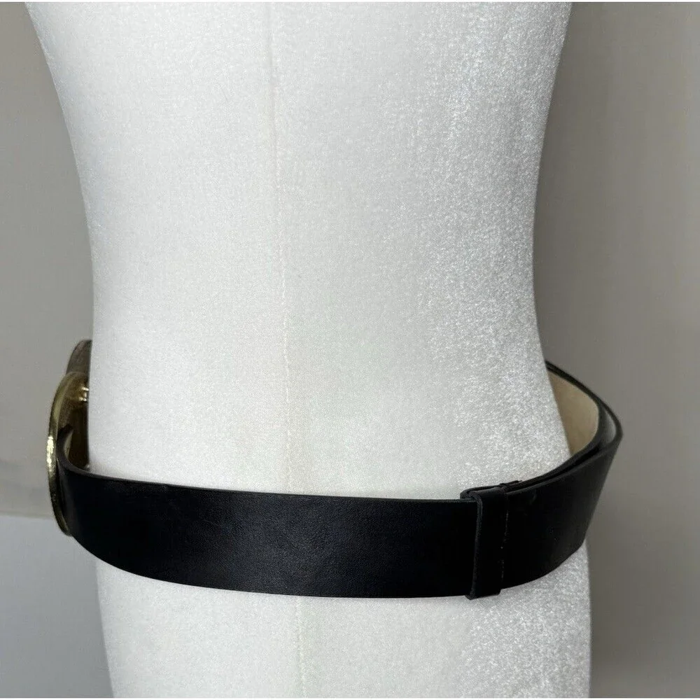 Chico's M/L Black Leather Medallion Art Wear Belt Silver Bronze Adjustable Boho